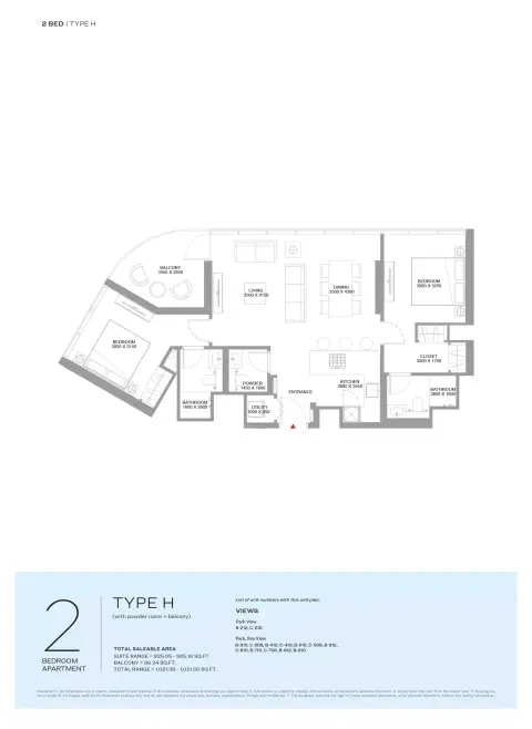 Floor plan, 2 Beds, 1,021 sq ft