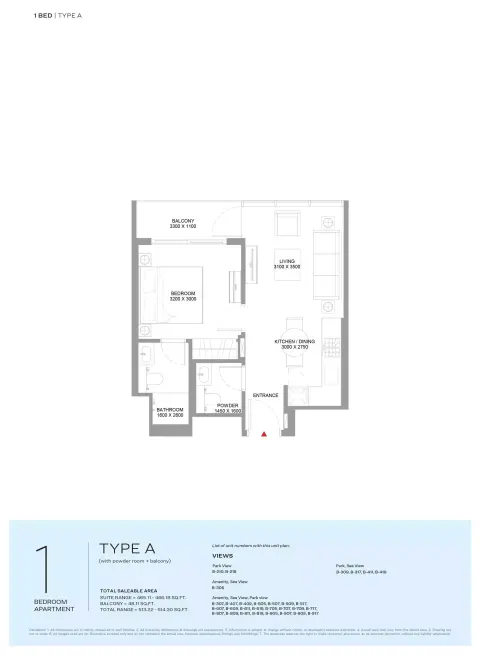 Floor plan, 1 Bed, 514 sq ft