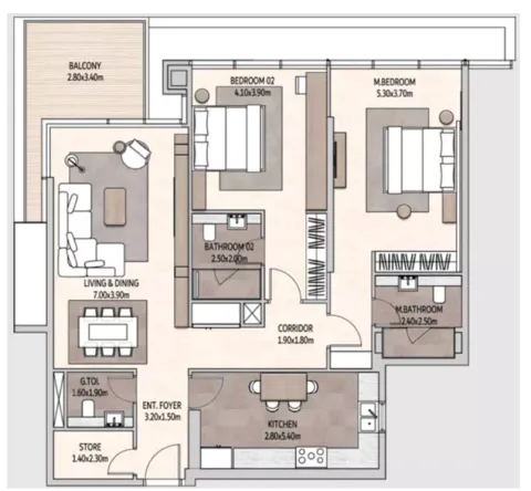 Floor plan, 2 Beds, 1,603 sq ft