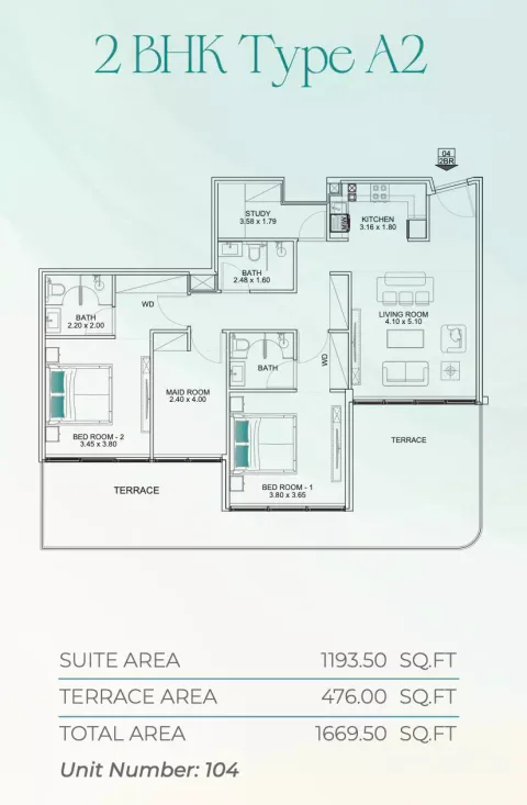 Floor plan, 2 Beds, 1,669 sq ft