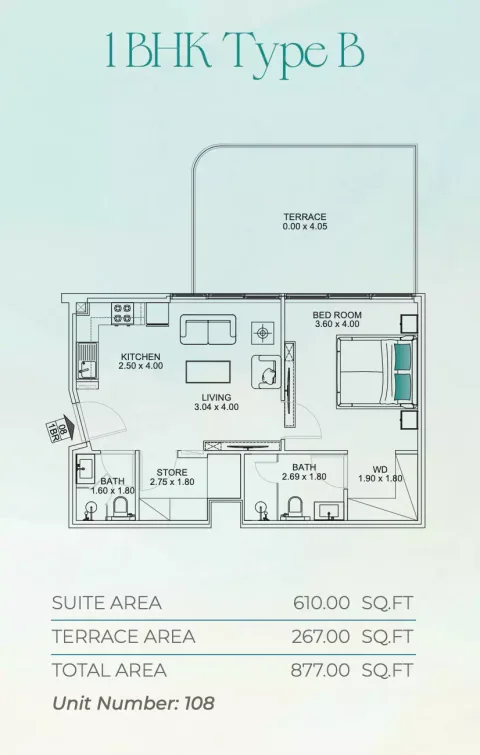 Floor plan, 1 Bed, 877 sq ft