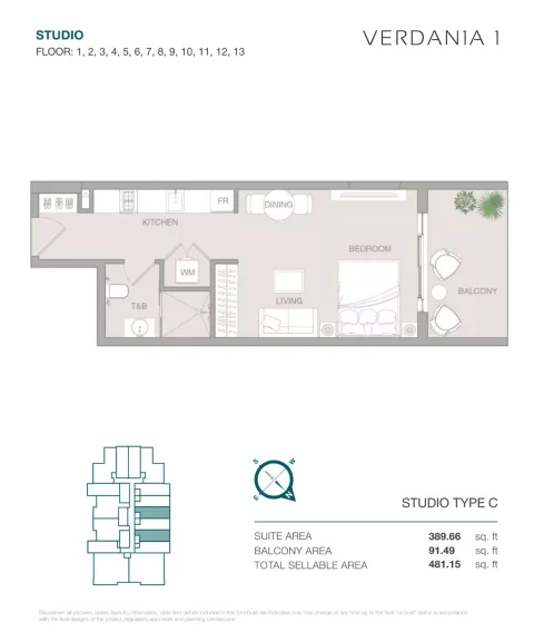 Floor plan, Studio, 481 sq ft