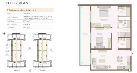 Floor plan, 2 Beds, 1,143 sq ft