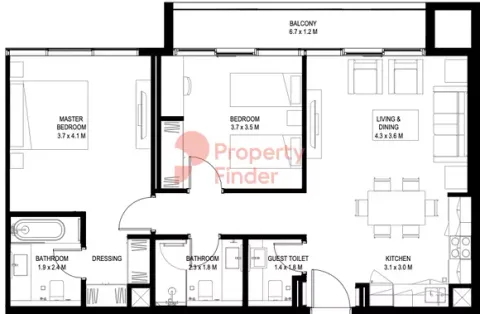 Floor plan, 2 Beds, 95 sq ft