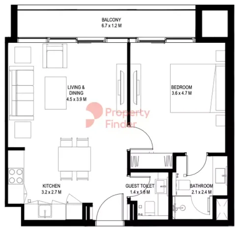 Floor plan, 1 Bed, 67 sq ft