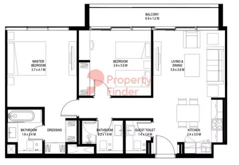 Floor plan, 2 Beds, 90 sq ft