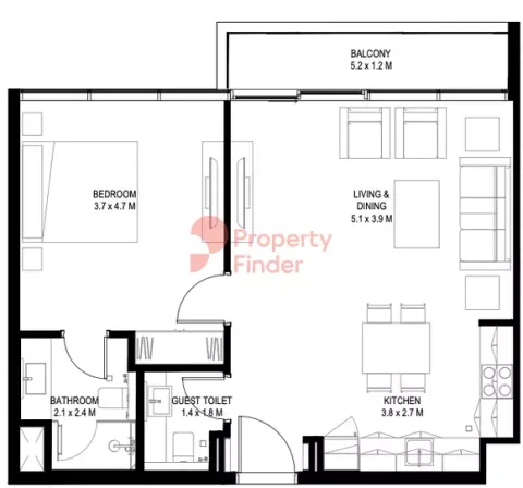 Floor plan, 1 Bed, 69 sq ft