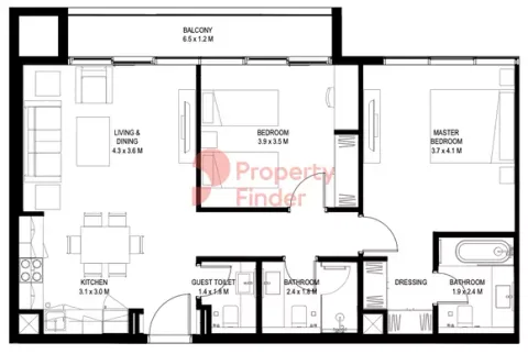 Floor plan, 2 Beds, 95 sq ft