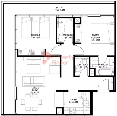 Floor plan, 2 Beds, 77 sq ft