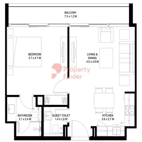 Floor plan, 1 Bed, 63 sq ft