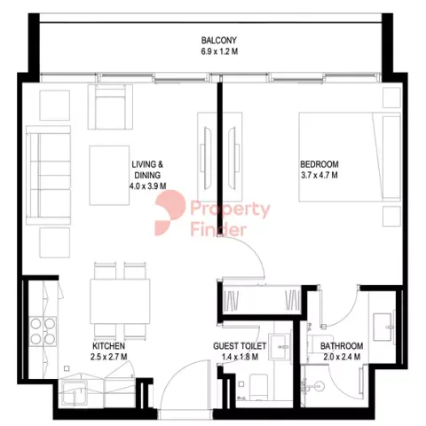 Floor plan, 1 Bed, 63 sq ft