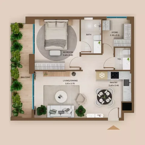 Floor plan, 2 Beds, 809 sq ft
