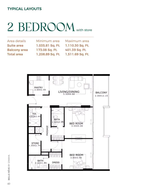 Floor plan, 2 Beds, 1,511 sq ft