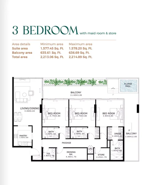 Floor plan, 3 Beds, 2,214 sq ft