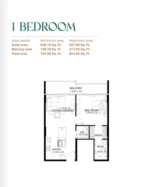 Floor plan, 1 Bed, 854 sq ft