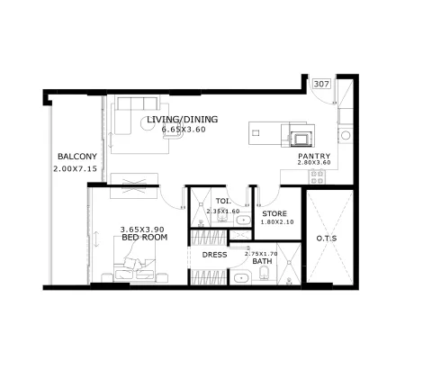 Floor plan, 1 Bed, 901 sq ft