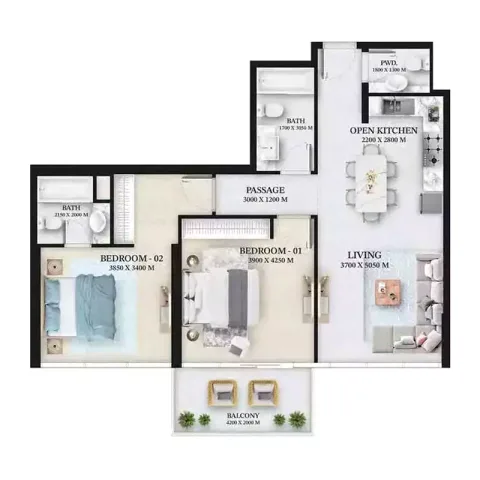 Floor plan, 2 Beds, 1,060 sq ft