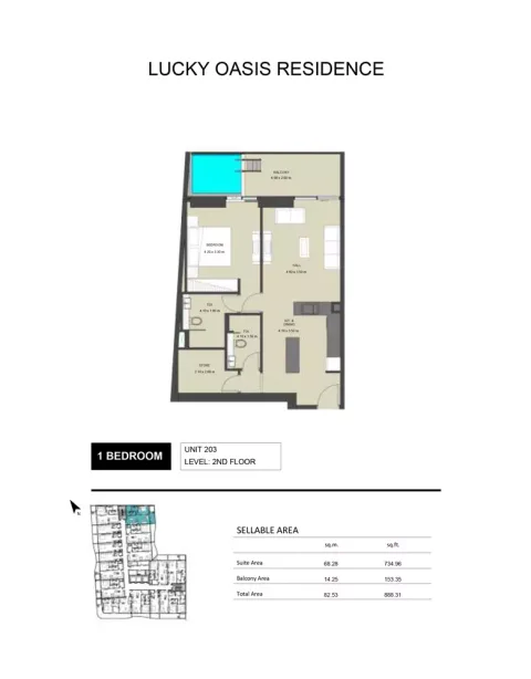 Floor plan, 1 Bed, 888 sq ft