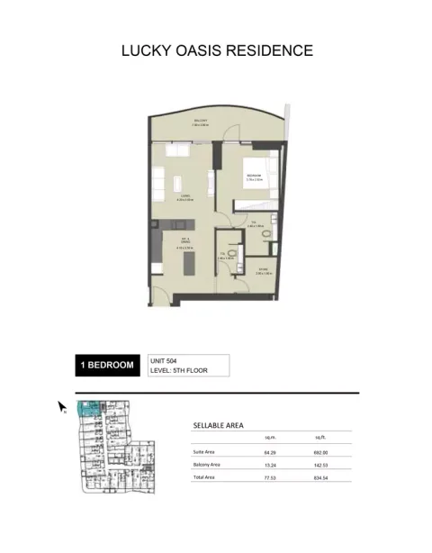 Floor plan, 1 Bed, 834 sq ft