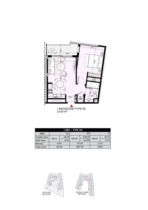 Floor plan, 1 Bed, 667 sq ft