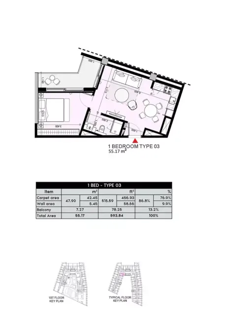 Floor plan, 1 Bed, 593 sq ft