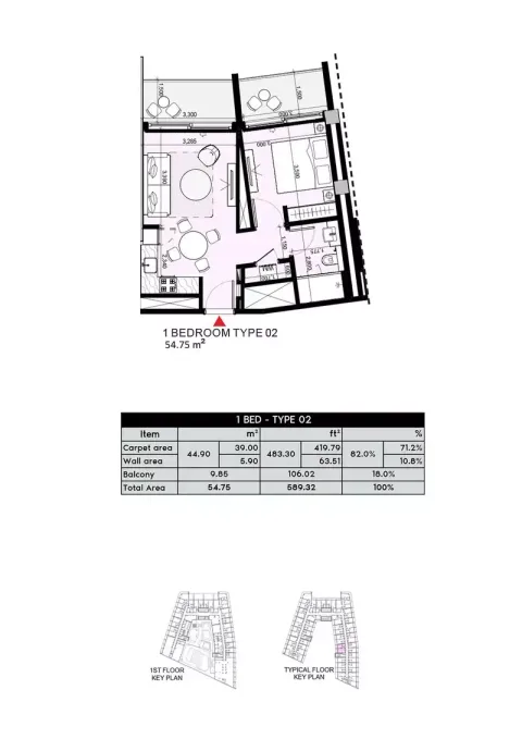 Floor plan, 1 Bed, 589 sq ft