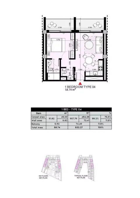 Floor plan, 1 Bed, 632 sq ft