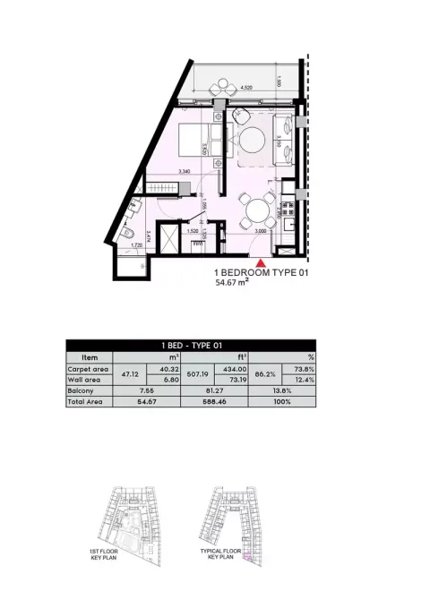 Floor plan, 1 Bed, 588 sq ft