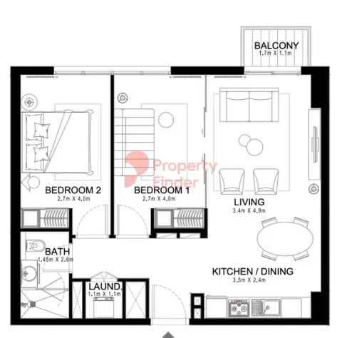 Floor plan, 2 Beds, 734 sq ft