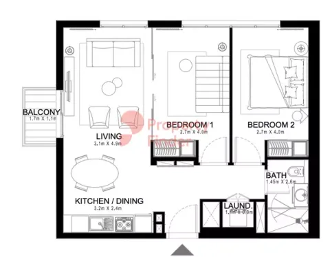 Floor plan, 2 Beds, 740 sq ft