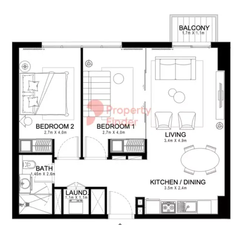 Floor plan, 2 Beds, 730 sq ft