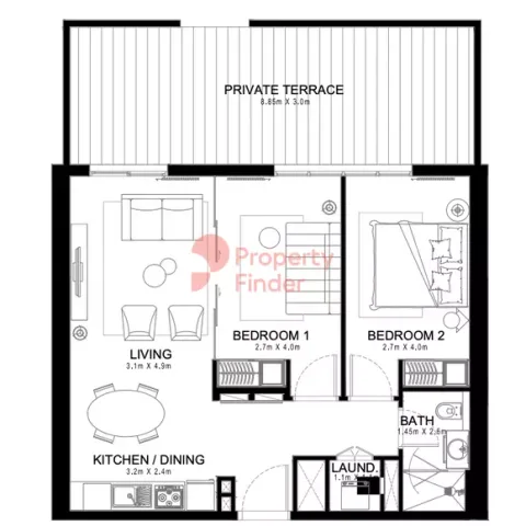 Floor plan, 2 Beds, 1,003 sq ft
