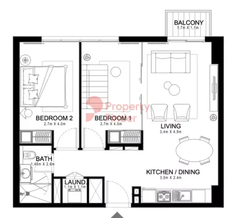 Floor plan, 2 Beds, 735 sq ft