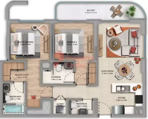 Floor plan, 2 Beds, 1,215 sq ft
