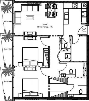Floor plan, 2 Beds, 1,085 sq ft