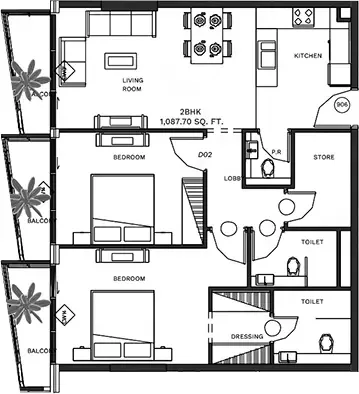 Floor plan, 2 Beds, 1,088 sq ft