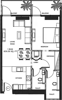 Floor plan, 1 Bed, 829 sq ft