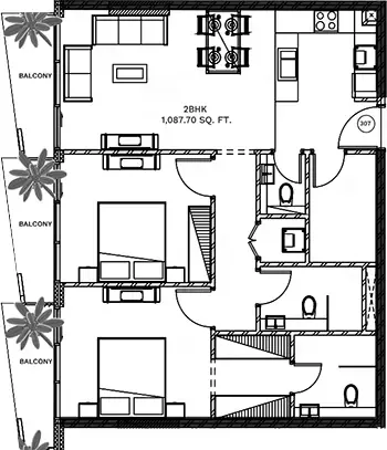 Floor plan, 2 Beds, 1,087 sq ft