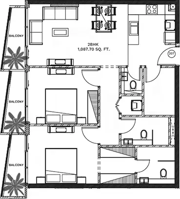Floor plan, 2 Beds, 1,088 sq ft