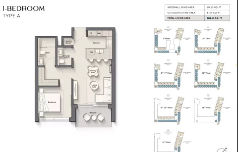 Floor plan, 1 Bed, 702 sq ft
