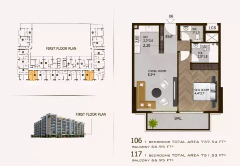 Floor plan, 1 Bed, 737 sq ft