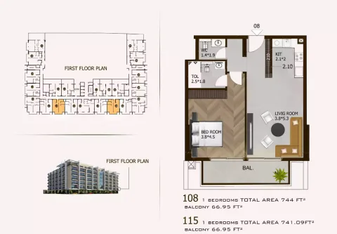 Floor plan, 1 Bed, 741 sq ft
