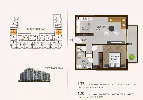 Floor plan, 1 Bed, 789 sq ft