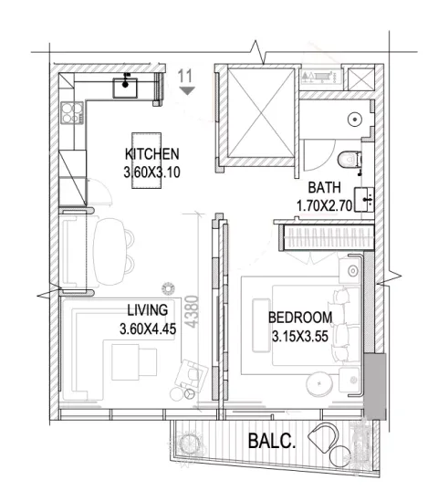 Floor plan, 1 Bed, 618 sq ft