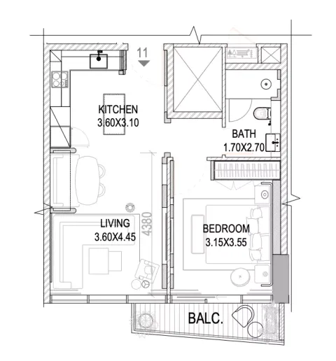 Floor plan, 1 Bed, 618 sq ft