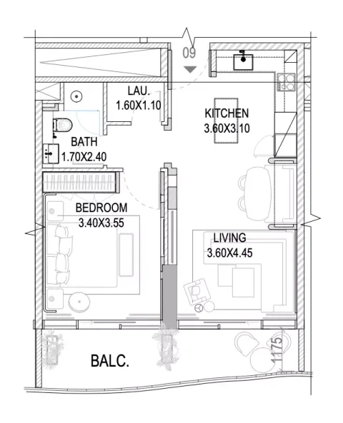 Floor plan, 1 Bed, 702 sq ft