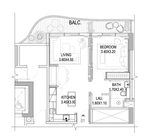 Floor plan, 1 Bed, 701 sq ft