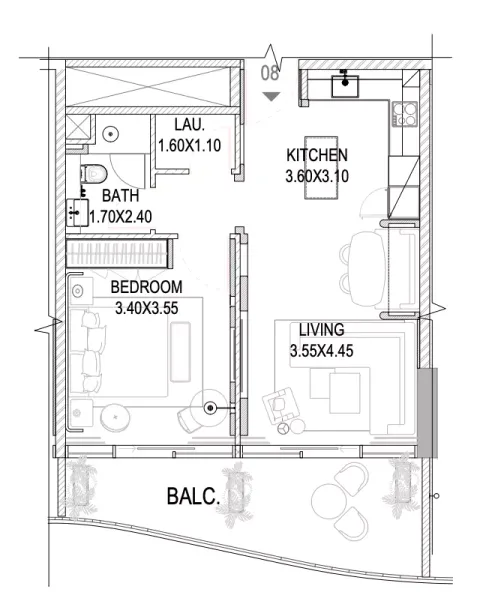 Floor plan, 1 Bed, 728 sq ft