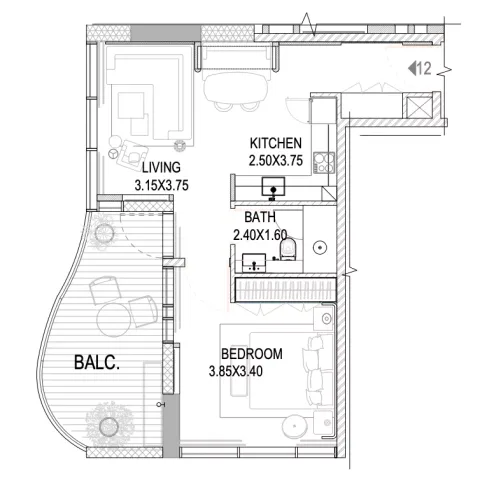 Floor plan, 1 Bed, 709 sq ft