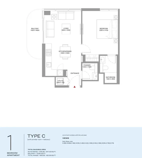 Floor plan, 1 Bed, 621 sq ft